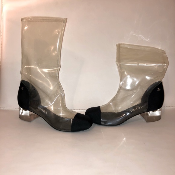 Chanel Vintage Spring Summer 2018 Transparent Black Toe Cap Lucite Heel Boots 38 - Picture 4 of 9